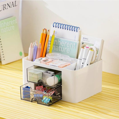 Organisateur de bureau blanc avec tiroirs transparents ouverts