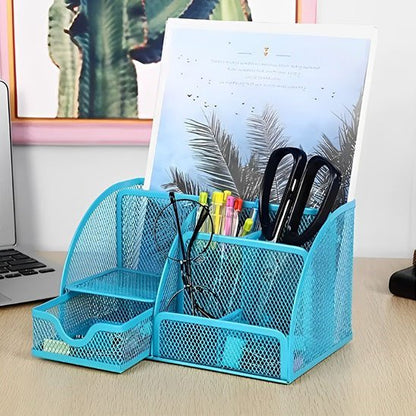 Organisateur de bureau bleu turquois avec compartiments et tiroir