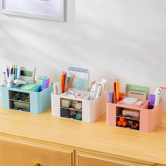 Organisateur de bureau en coloris bleu turquois blanc et rose