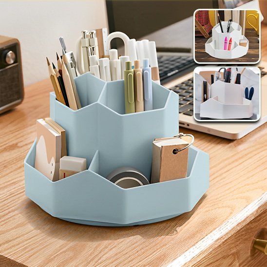 Organisateur de bureau en forme de tour bleue sur bureau