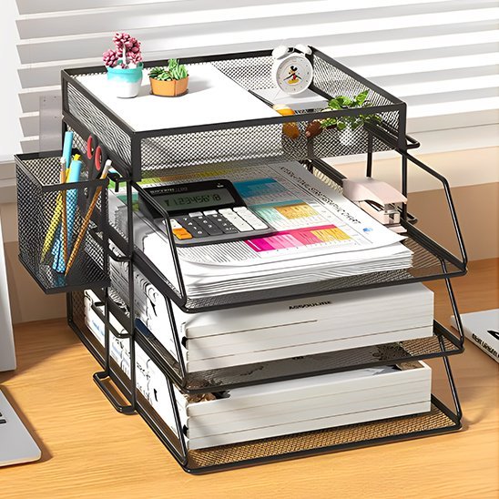 Organisateur de bureau en metal avec compartiments horizontaux et pot de crayon