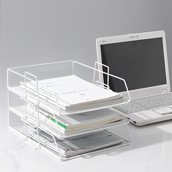 Organisateur de bureau en metal blanc et compartiments horizontaux