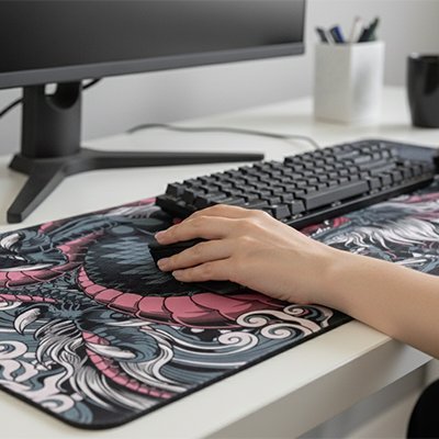 Sous main bureau avec clavier et souris tenue par une main