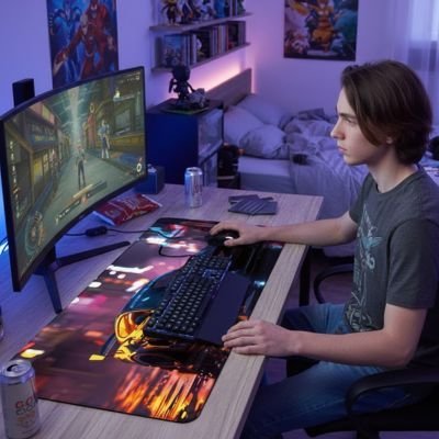 Sous main bureau avec clavier et souris utilise par un adolescent