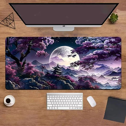 Sous main bureau cerisier et lune en violet avec setup de bureau