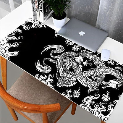 Sous main bureau design dragon noir et blanc avec laptop