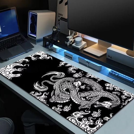Sous main bureau design dragon noir et blanc avec setup