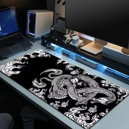 Sous main bureau design dragon noir et blanc avec setup