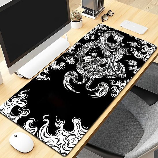 Sous main bureau design dragon noir et blanc