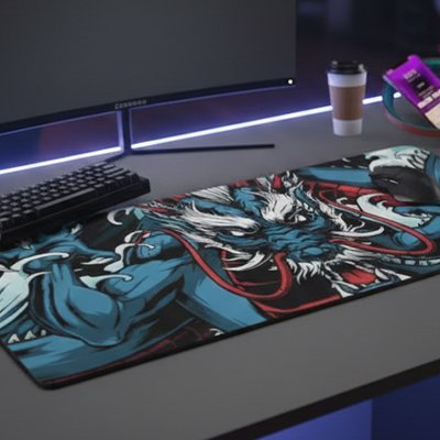Sous main bureau motif dragon bleu pose sur un bureau