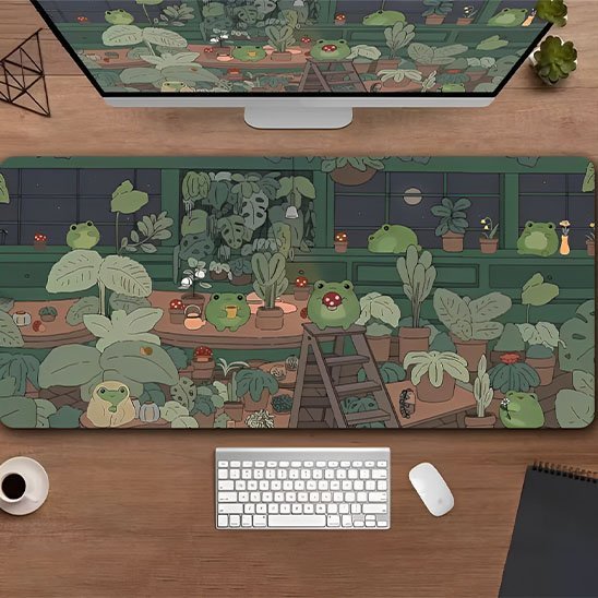 Sous main bureau motif vegetal avec grenouilles avec clavier souris