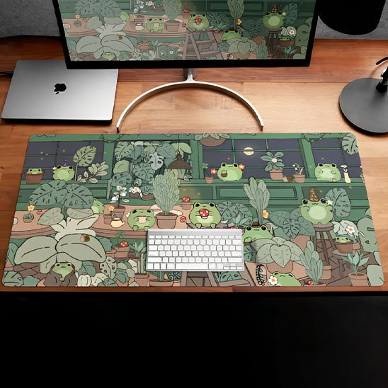 Sous main bureau motif vegetal avec grenouilles avec laptop