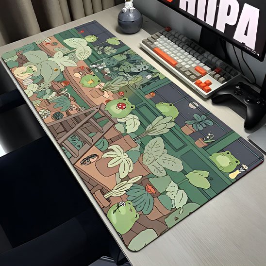 Sous main bureau motif vegetal avec grenouilles avec manette gamer