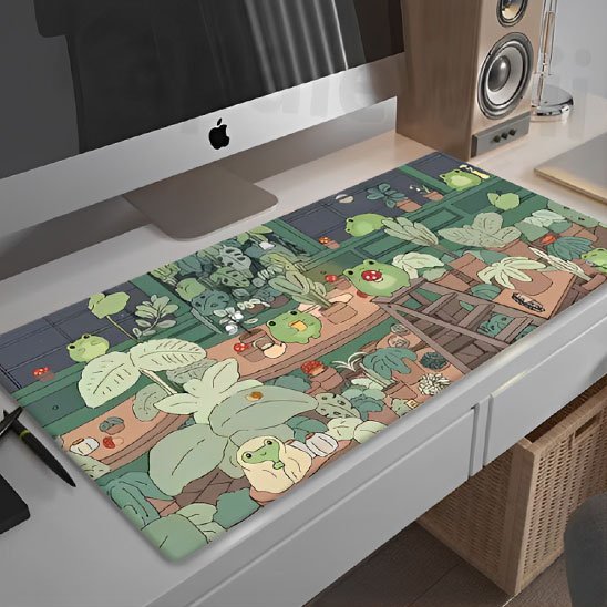 Sous main bureau motif vegetal avec grenouilles devant ecran