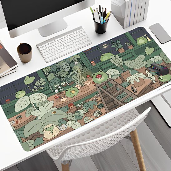 Sous main bureau motif vegetal avec grenouilles sur table bureau