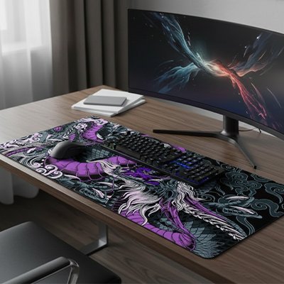 Sous main bureau sur une table avec clavier souris et ecran