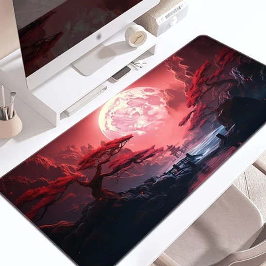 Sous main bureau ton rouge lune et bonsai devant un ecran
