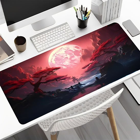 Sous main bureau ton rouge lune et bonsai
