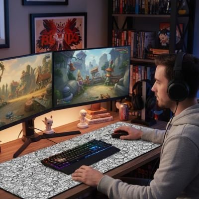 Sous main bureau utilisé par un homme avec clavier et souris dessus