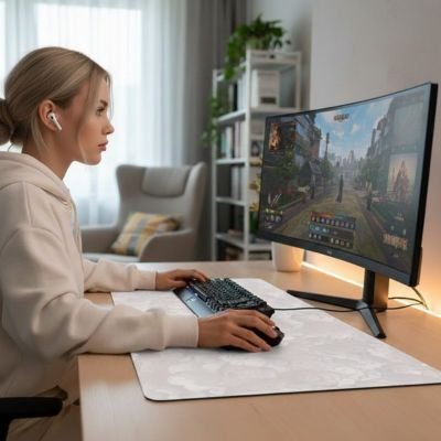 Sous main bureau utilisé par une femme qui travaille