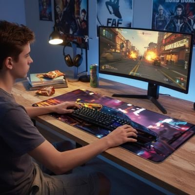 Sous main bureau utilise par un adolescent gamer