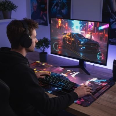 Sous main bureau utilise par un homme gamer