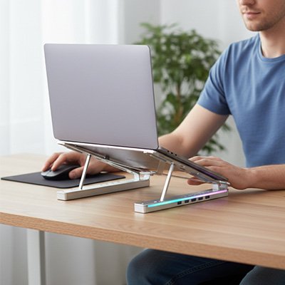 Support ordinateur portable argente tenant un laptop avec led RGB