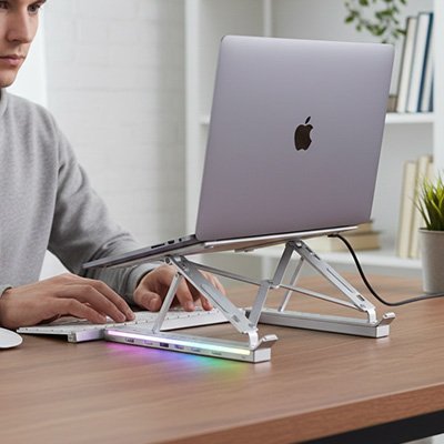 Support ordinateur portable argente tenant un laptop