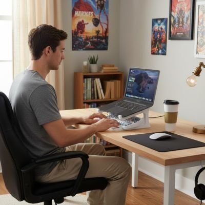 Support ordinateur portable avec un laptop devant un homme assis