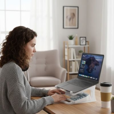 Support ordinateur portable avec un laptop devant une femme assise
