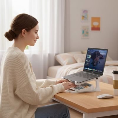 Support ordinateur portable avec un laptop utilise par une femme
