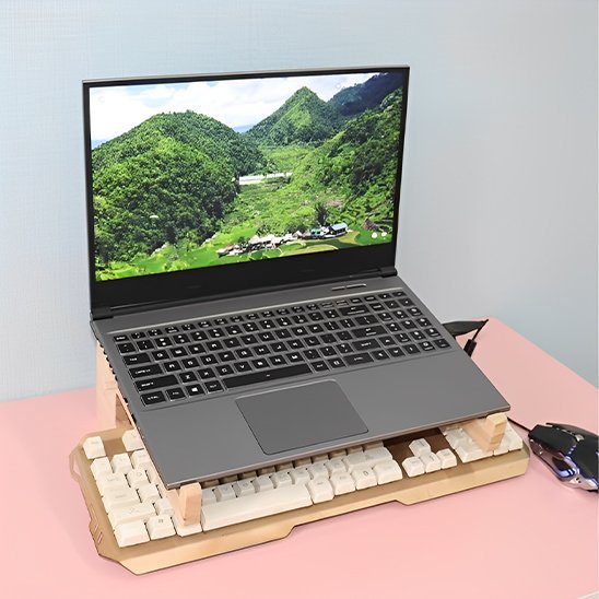 Support ordinateur portable en bois avec clavier range sous le support