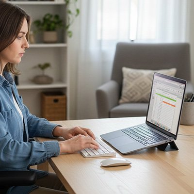 Support ordinateur portable en evidence avec une femme qui travaille