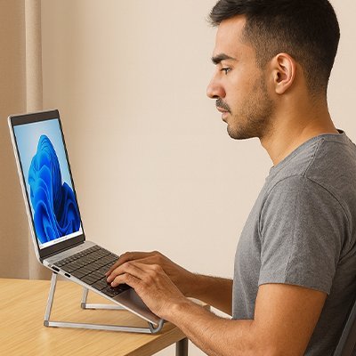 Support ordinateur portable leger et pratique utilise par un homme