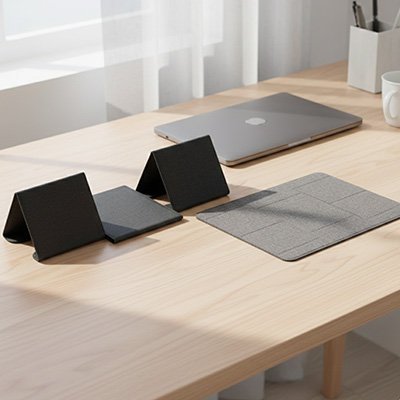 Support ordinateur portable noir déplie et pose sur un bureau