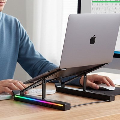 Support ordinateur portable noir tenant un laptop avec led RGB