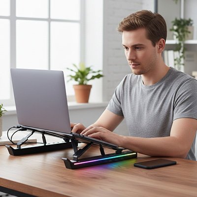 Support ordinateur portable noir tenant un laptop