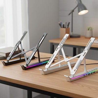 Support ordinateur portable presente en noir et en argente