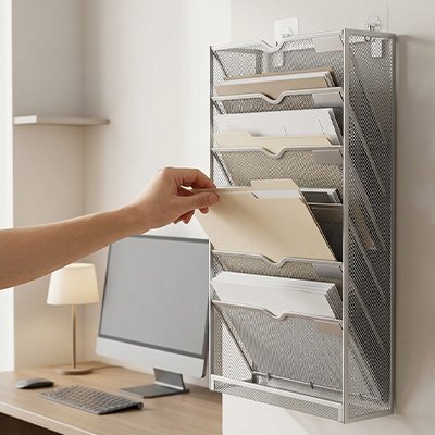 Organisateur de bureau  en maille couleur argente fixe au mur