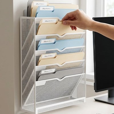 Organisateur de bureau en maille couleur blanche fixe au mur