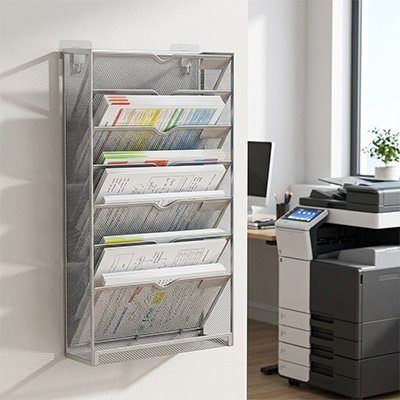 Organisateur de bureau en maille couleur blanche avec des documents