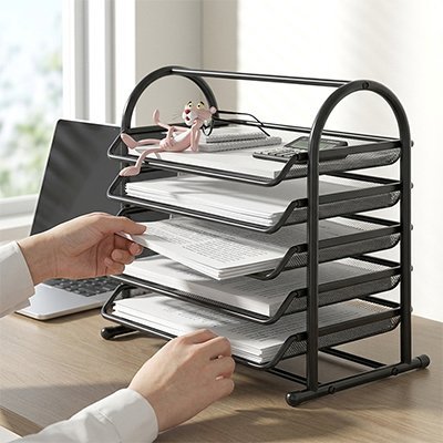 Organisateur de bureau cinq plateaux avec des documents dessus