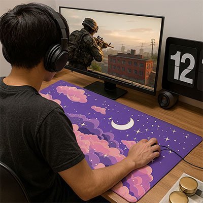 personne jouant sur tapis souris gamer avec nuages devant ecran