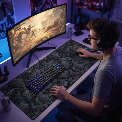 sous main bureau avec illustration de gamer