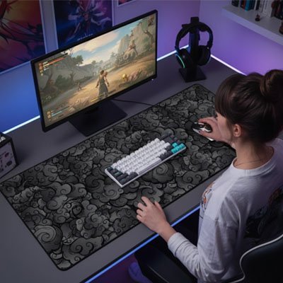 sous main bureau grise et noire avec une gameuse devant