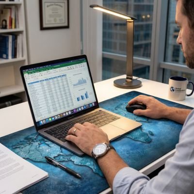 Sous main bureau map monde bleu avec personne qui travaille