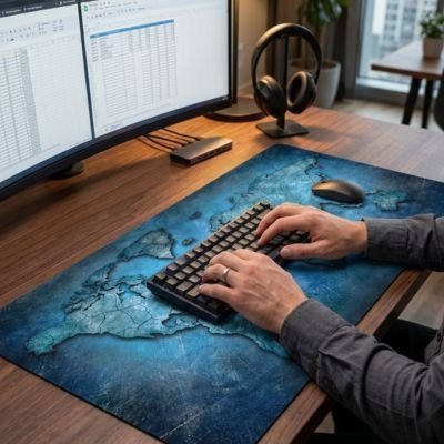 Sous main bureau carte du monde bleue pose sur bureau