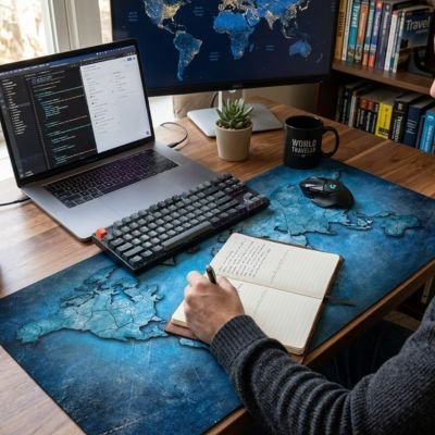 Sous main bureau map monde bleu avec laptop clavier et souris