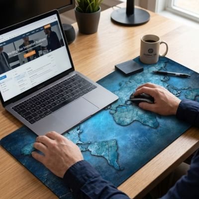 Sous main bureau bleu map monde avec laptop au dessus