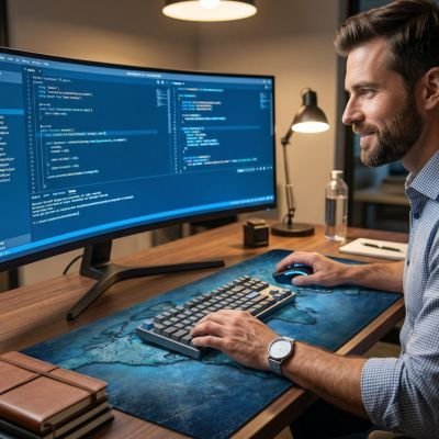 Sous main bureau bleu map monde avec homme travaillant dessus